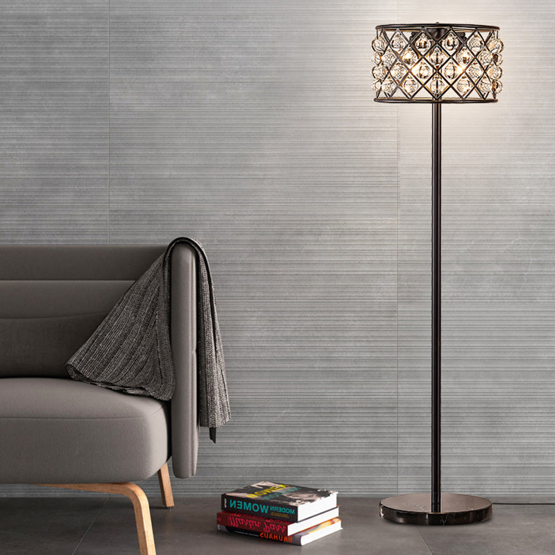 Black Finish Drum Standard Light with Grid Design Modernism 3 Lights Crystal Drip Floor Lamp