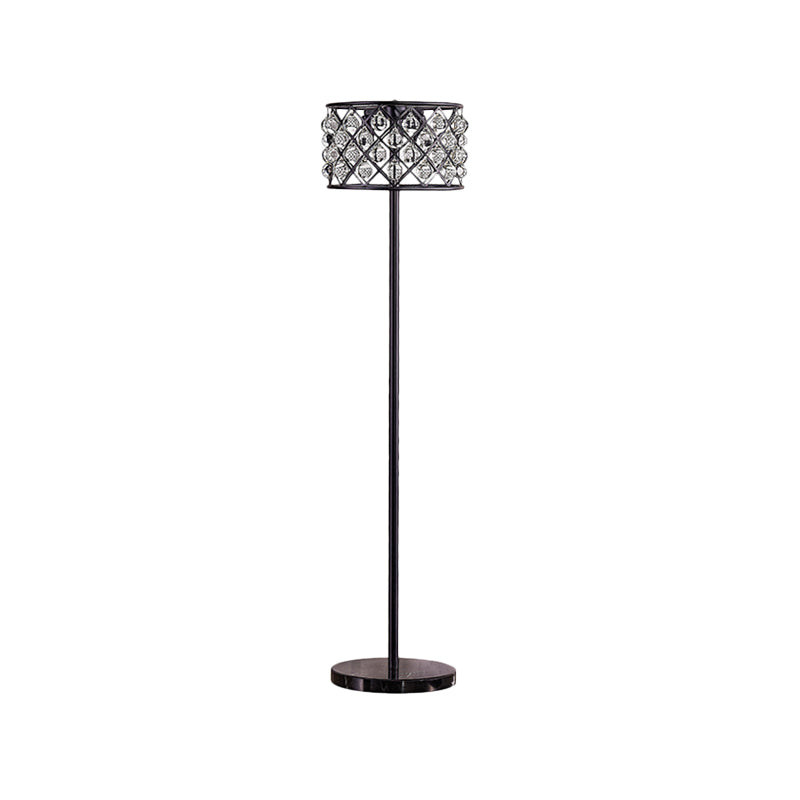 Black Finish Drum Standard Light with Grid Design Modernism 3 Lights Crystal Drip Floor Lamp