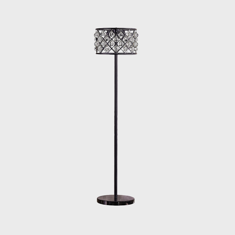 Black Finish Drum Standard Light with Grid Design Modernism 3 Lights Crystal Drip Floor Lamp