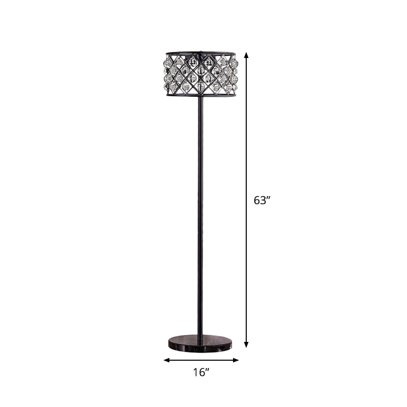 Black Finish Drum Standard Light with Grid Design Modernism 3 Lights Crystal Drip Floor Lamp