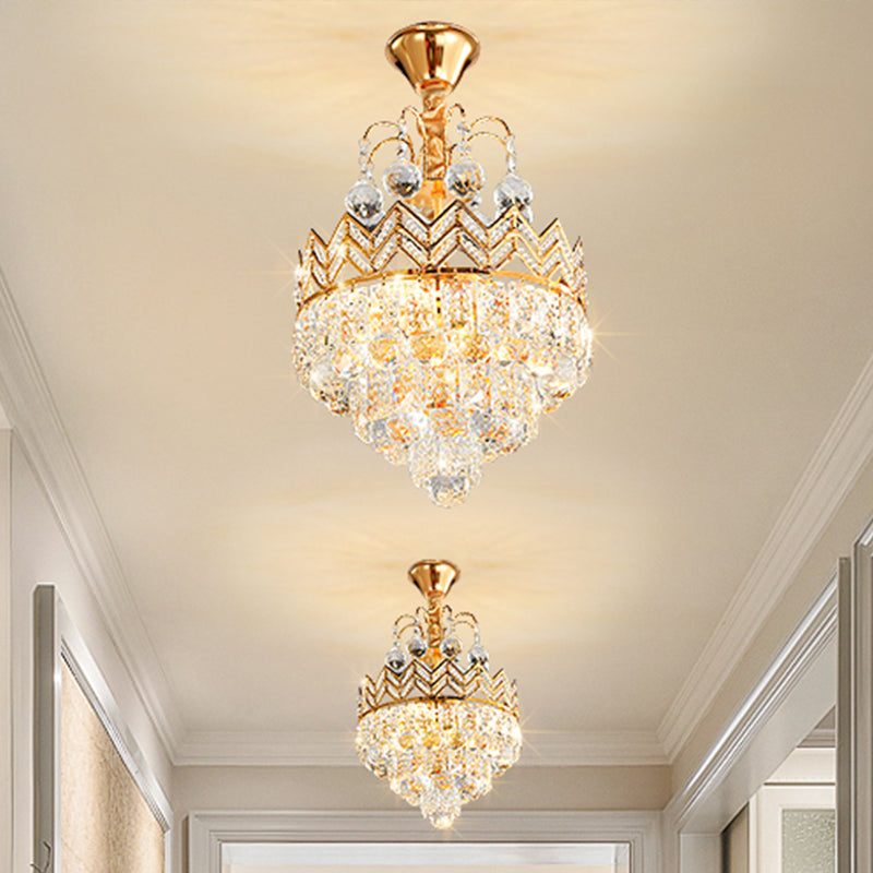 3 Bulbs Conical Semi Flush Mount with Crown Design Traditional Gold Faceted Crystal Ceiling Mount Light