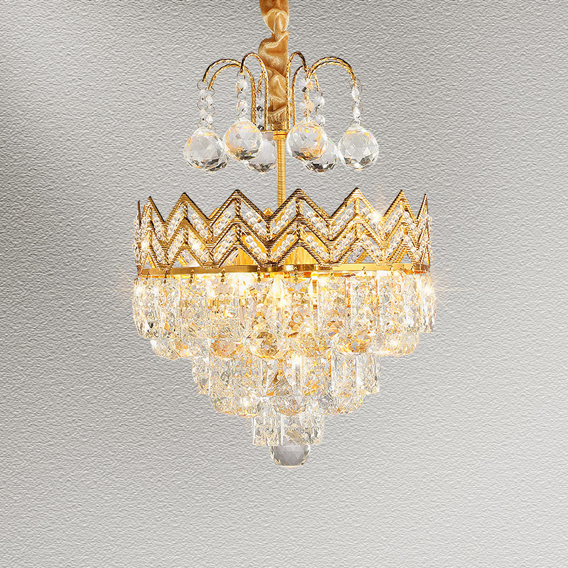 3 Bulbs Conical Semi Flush Mount with Crown Design Traditional Gold Faceted Crystal Ceiling Mount Light