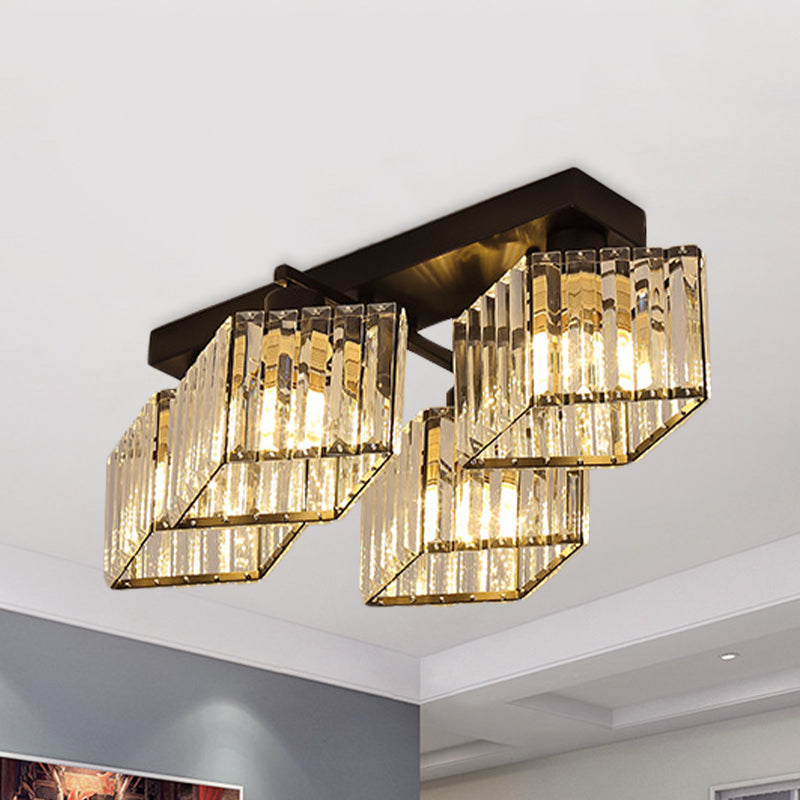 Zwart 4/5-bulb Flush Chandelier Modern Crystal Prism Parallellogram Semi Mount Lighting