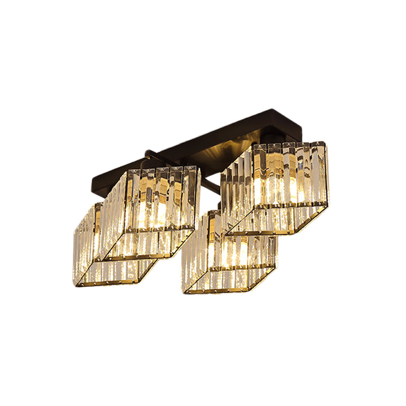 Black 4/5-Bulb Flush Chandelier Modern Crystal Prism Paralallogrod Semi Mount Éclairage