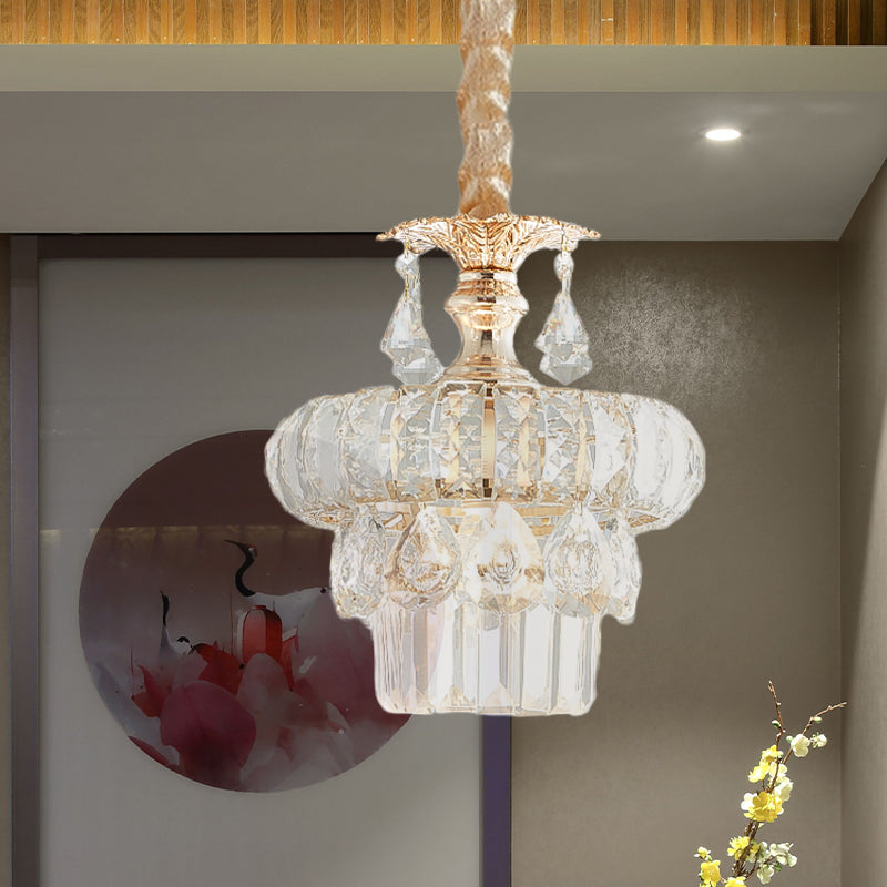 Crystal Lotus/Tiered Pendulum Light Traditional 1 Bulb Dining Room Suspension Pendant in Gold