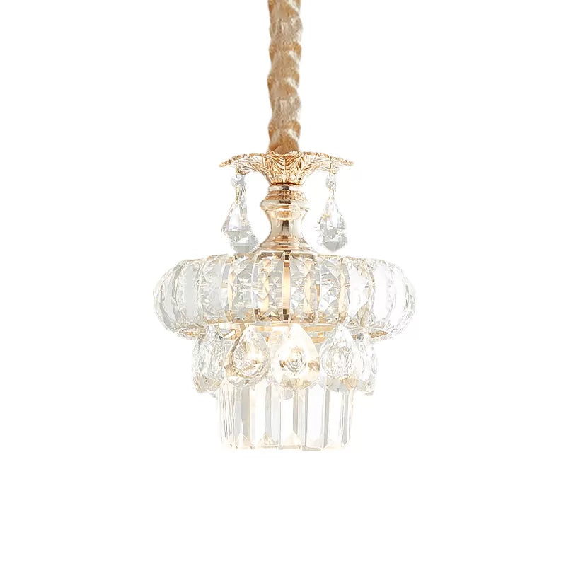 Crystal Lotus/Tiered Pendulum Light Traditional 1 Bulb Dining Room Suspension Pendant in Gold