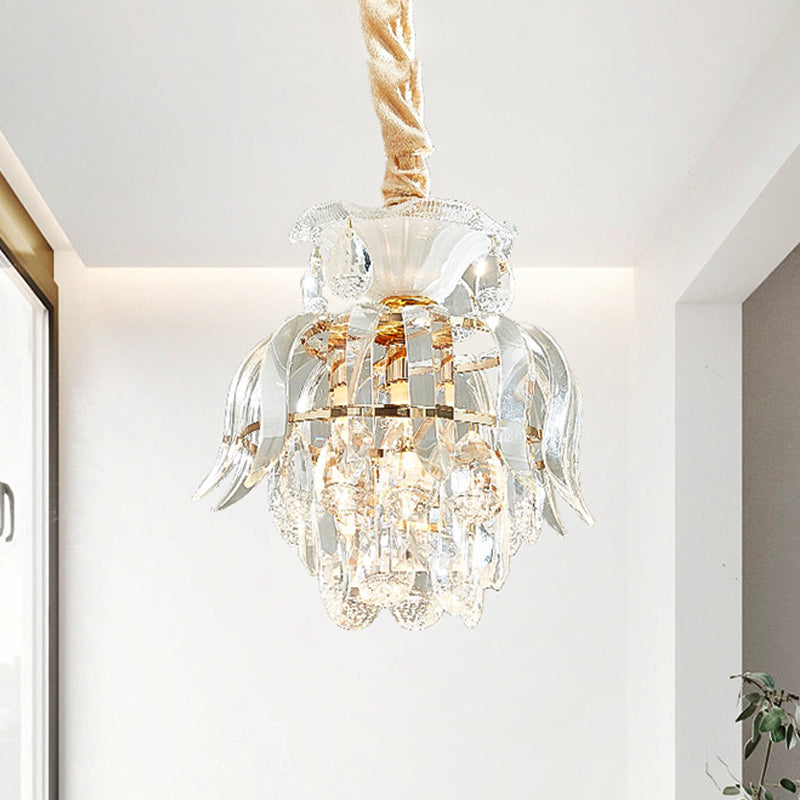 Crystal Lotus/Tiered Pendulum Light Traditional 1 Bulb Dining Room Suspension Pendant in Gold