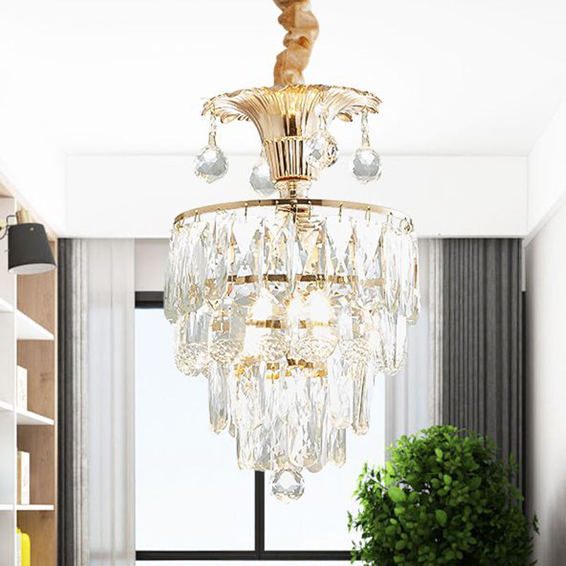 1-Light Clear Crystal Down Lighting Modern Gold Tapered/Layered Dining Table Pendant Lamp