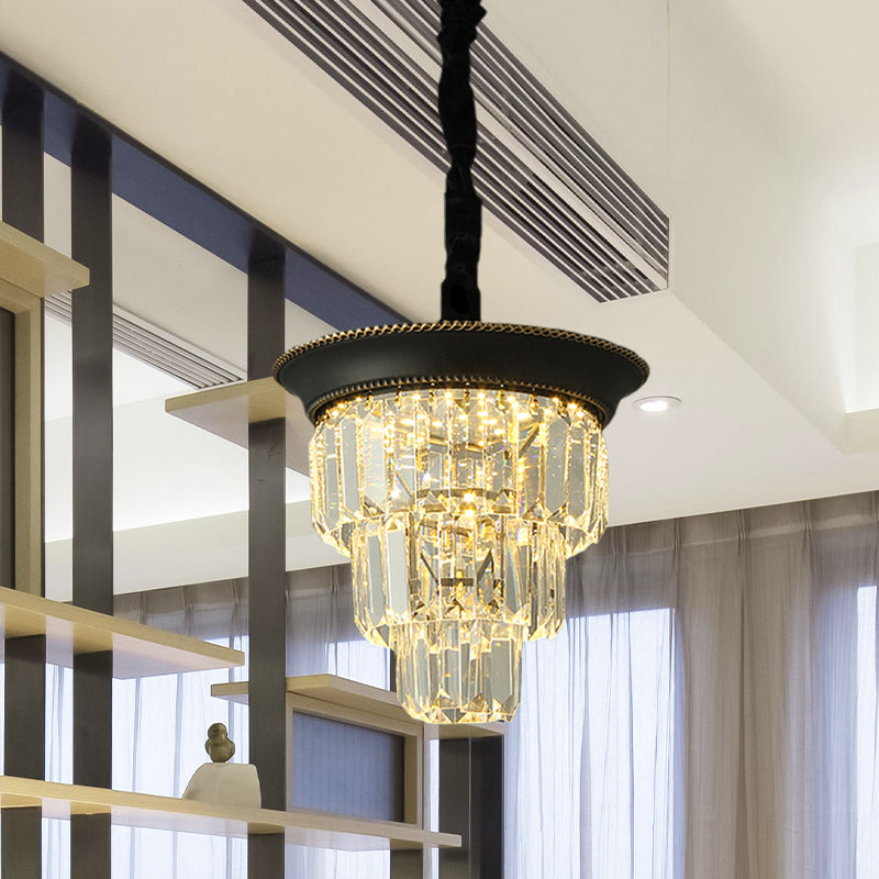 3 Tiers Crystal Rectangle Pendant Light Vintage Style Dining Room LED Hanging Lamp in Black/Gold