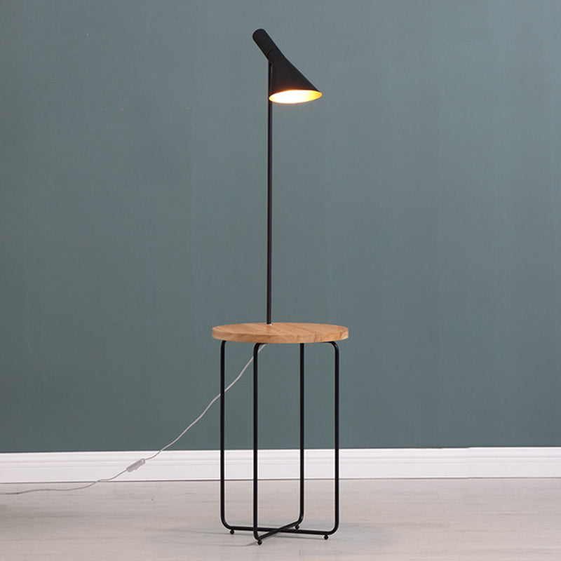 Wide Flared Shade Reading Floor Light Modern 1 Light Metallic Black Finish Floor Lamp with Wood Shelf