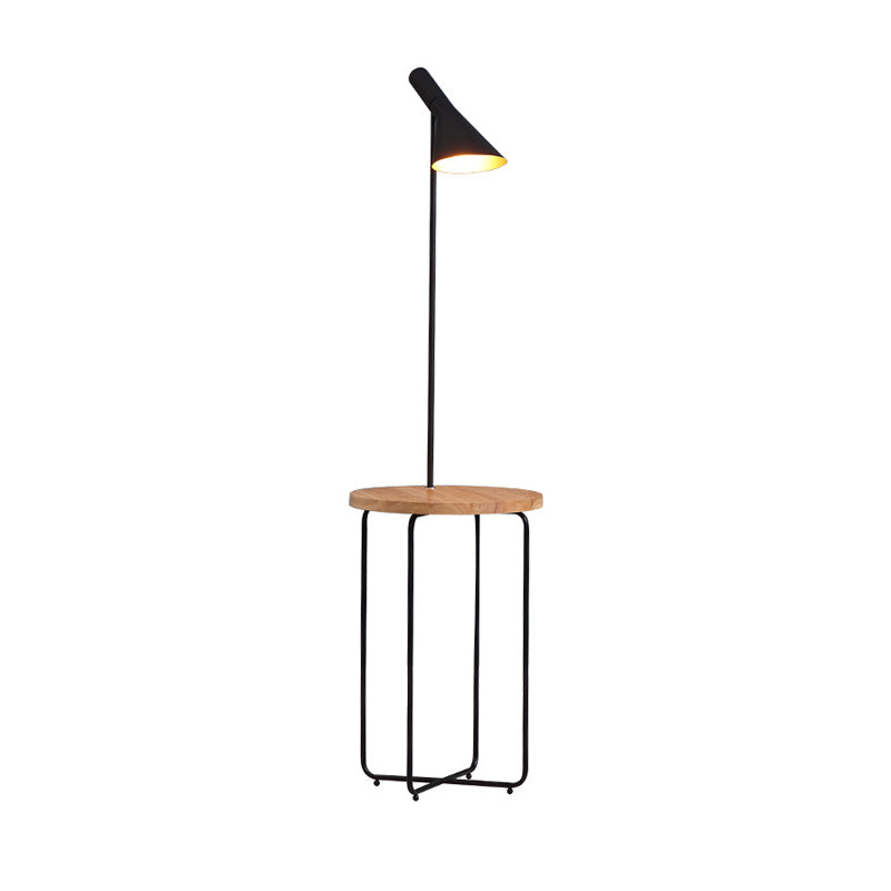 Wide Flared Shade Reading Floor Light Modern 1 Light Metallic Black Finish Floor Lamp with Wood Shelf