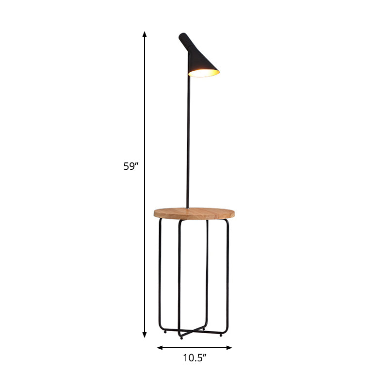 Wide Flared Shade Reading Floor Light Modern 1 Light Metallic Black Finish Floor Lamp with Wood Shelf