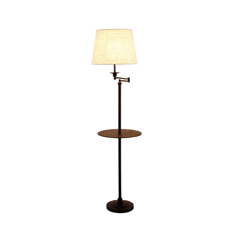 Black Finish Barrel Shade Floor Light Modernism Single Light White Fabric Standing Floor Lamp with Shelf