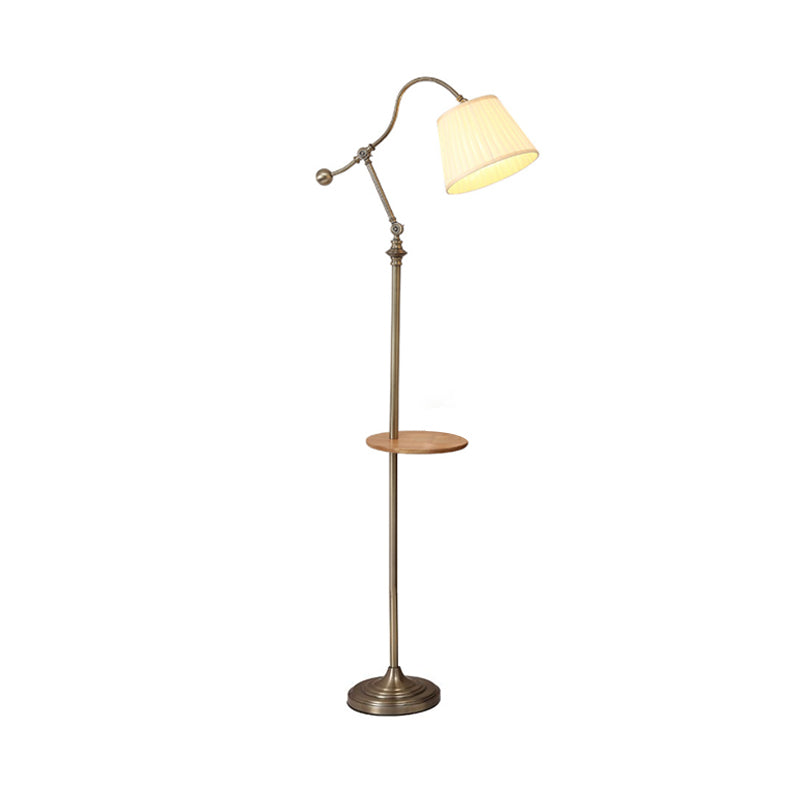 Bronze Swing Arm Stand Up Light Modern 1-Head Metallic Floor Table Lamp with Barrel Plated Fabric Shade