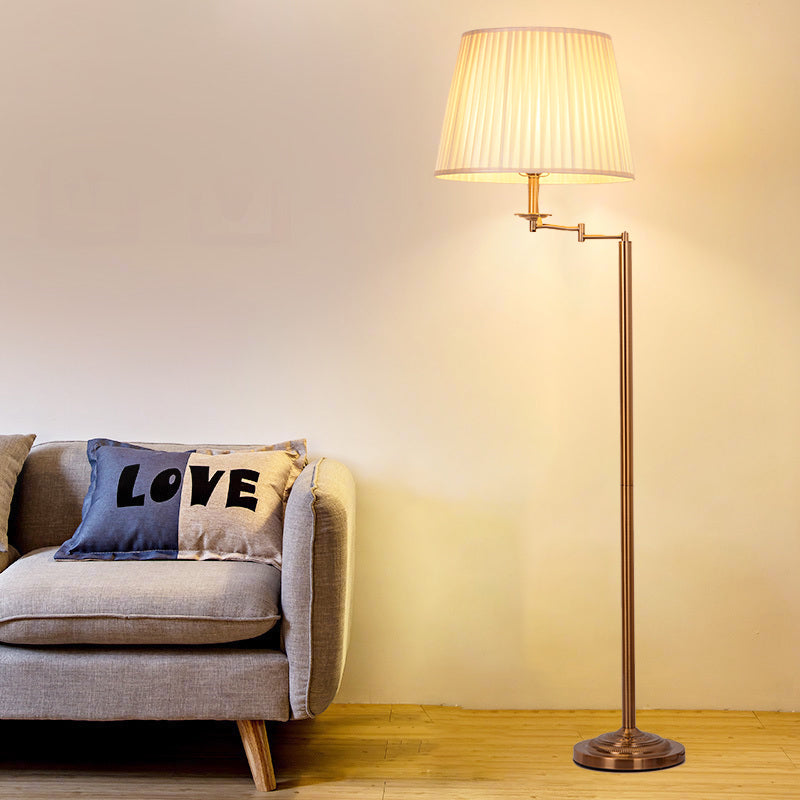 Drum Shade Floor Standing Light Post Modern Plated Fabric Single Brass Finish Adjustable Floor Lamp