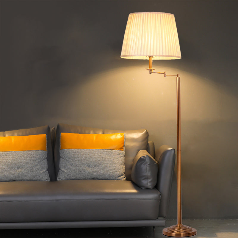 Drum Shade Floor Standing Light Post Modern Plated Fabric Single Brass Finish Adjustable Floor Lamp