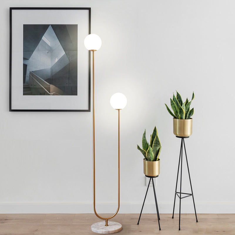 U-Like Floor Reading Lamp Contemporary Metal LED Gold Stand Up Light with White Glass Shade