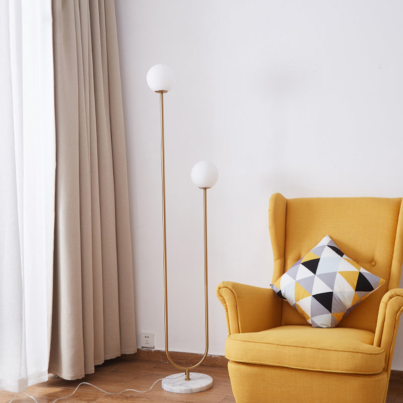 U-Like Floor Reading Lamp Contemporary Metal LED Gold Stand Up Light with White Glass Shade