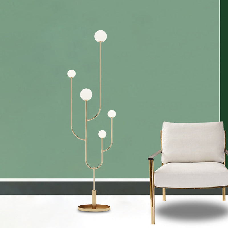 Macaron Cactus Stand Up Light Metal LED Bedroom Floor Reading Lamp with Sphere Opal Glass Shade in Brass