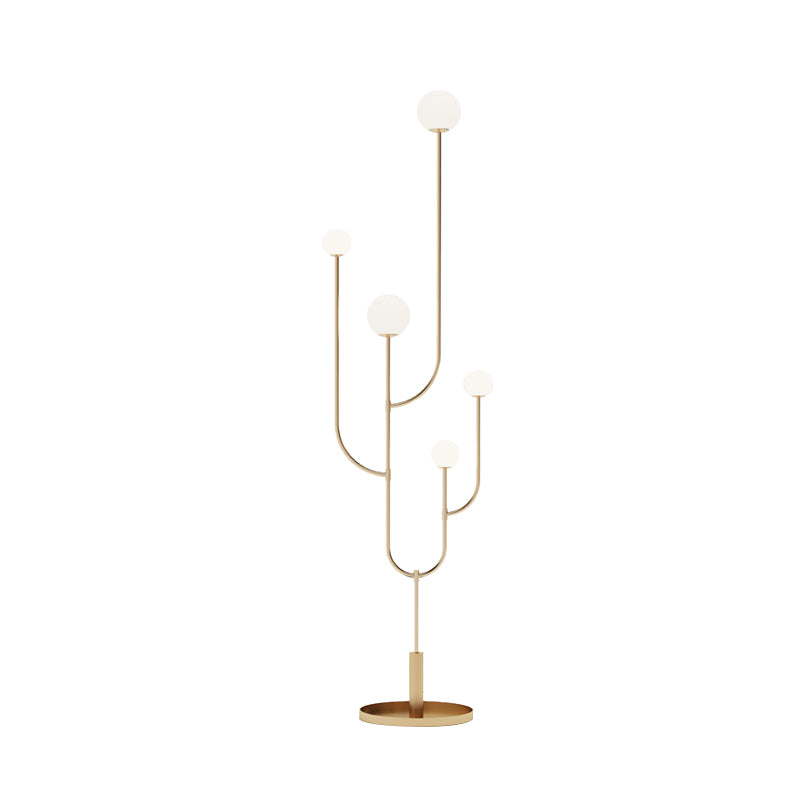 Macaron Cactus Stand Up Light Metal LED Bedroom Floor Reading Lamp with Sphere Opal Glass Shade in Brass