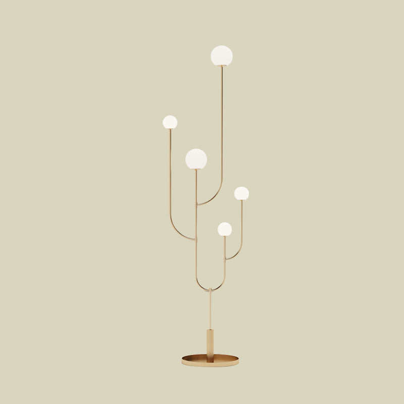 Macaron Cactus Stand Up Light Metal LED Bedroom Floor Reading Lamp with Sphere Opal Glass Shade in Brass