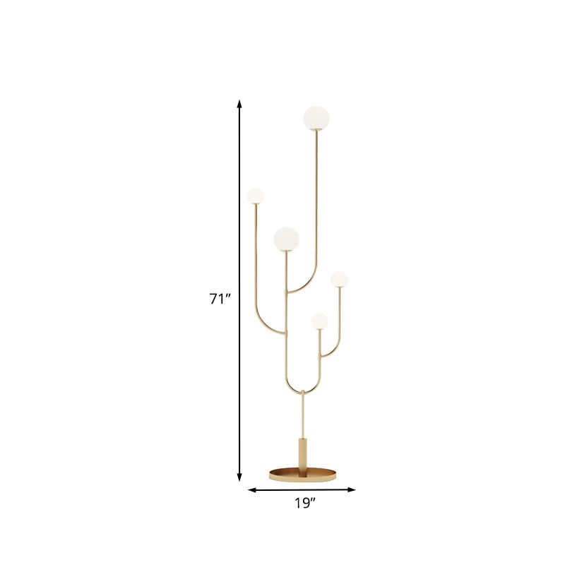 Macaron Cactus Stand Up Light Metal LED Bedroom Floor Reading Lamp with Sphere Opal Glass Shade in Brass