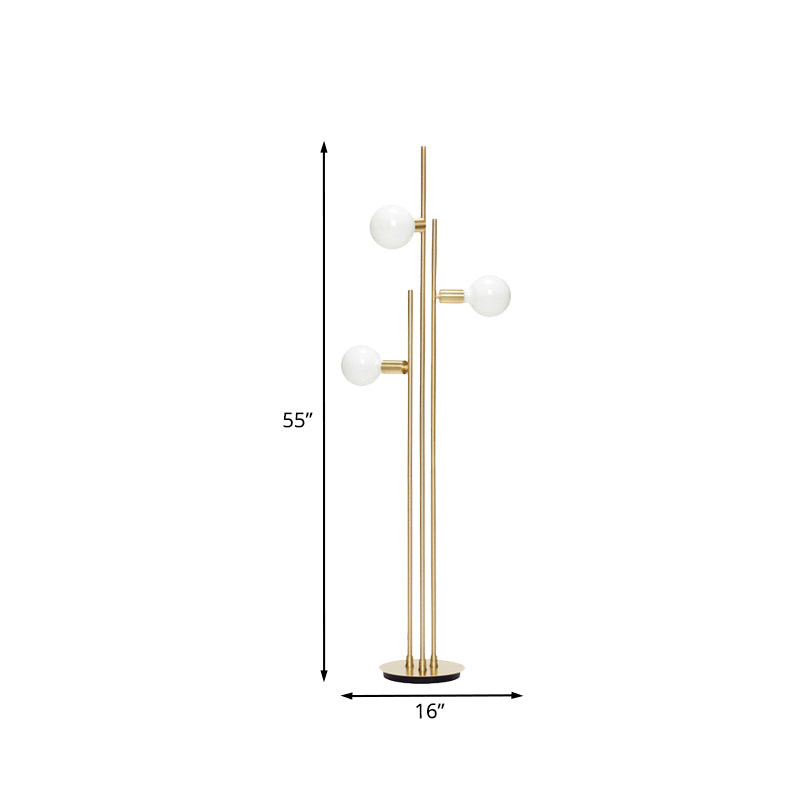 Lampada di lettura del pavimento dell'albero metallico contemporaneo oro a 3 teste in piedi per soggiorno