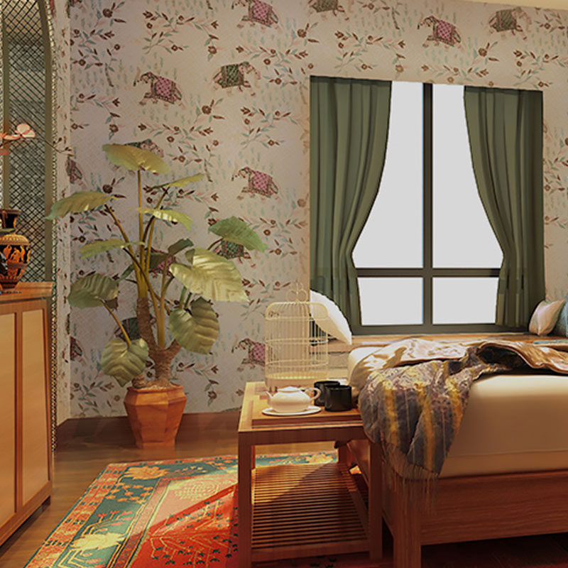 Cute Elephant Wall Covering for Accent Wall Leaves Wallpaper in Pastel Brown, Stain-Resistant