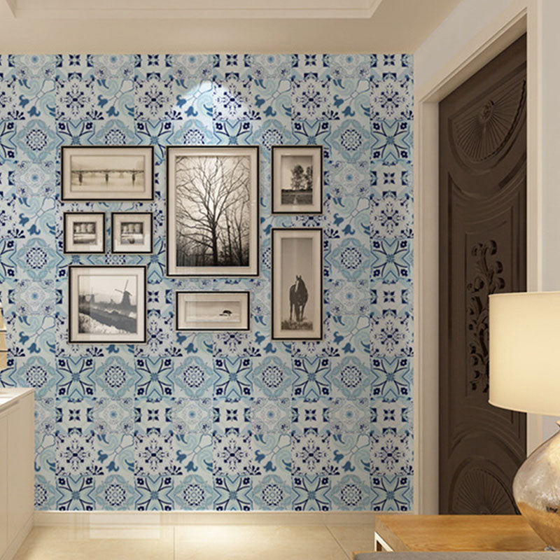 Bohemian Vinyl Wallpaper Roll for Bedroom Decoration with Mosaic Design in Blue, Peel and Stick, 96.8 sq ft.
