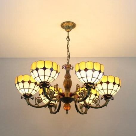 Yellow Grid Bowl Pendant Light 6 Lights Tiffany Antique Art Glass Chandelier for Hallway