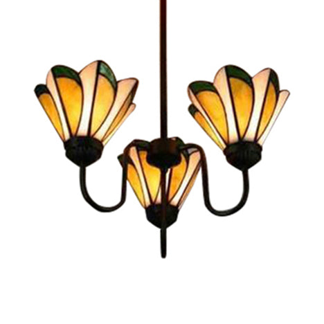 Yellow Conical Hanging Light 3 Heads Tiffany Traditional Stained Glass Ceiling Pendant for Hotel