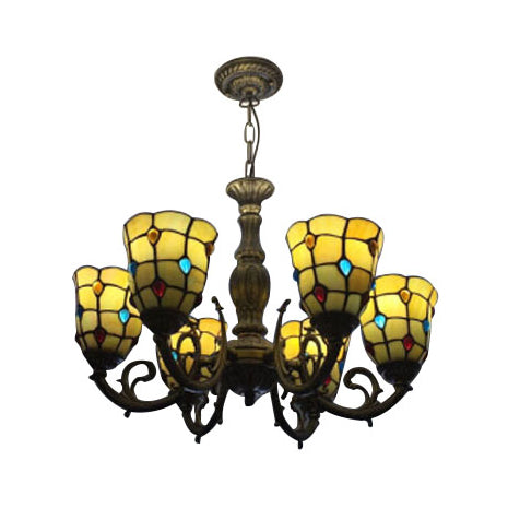 6 lampen belllicht met kralen Tiffany Vintage Glass Kroonluchter in geel voor studieruimte