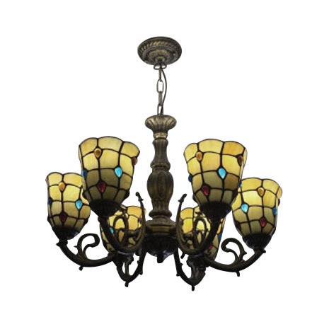 6 Bulbs Bell Hanging Light with Bead Tiffany Vintage Glass Chandelier in Yellow for Study Room