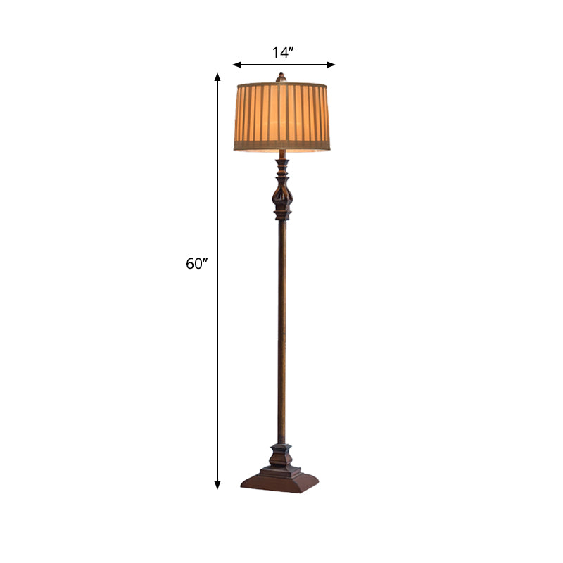 Traditional 1 Head Wood Standing Floor Light with Plated Fabric Shade Dark Coffee Drum Floor Lamp