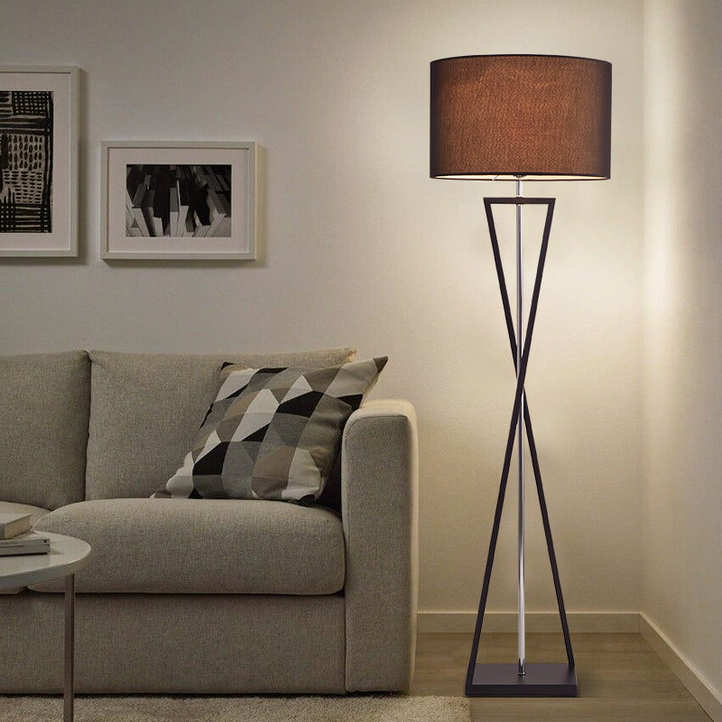 Kruising lijn ijzer opstaan ​​lamp Modern 1 bol Wit/zwart/wit-zwarte leesvloer Lamp met trommelstofstofschaduw