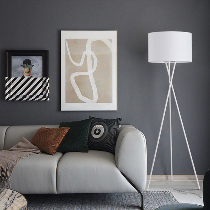 Drum Shade Floor Reading Lamp Simplicity Fabric 1 Light White/Black Tripod Standing Floor Lamp