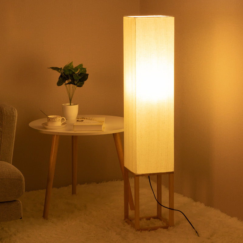 Aziatische stijl 1 lamp vloer leeslicht met houten paneelschaduw beige rechthoekige stand -up lamp