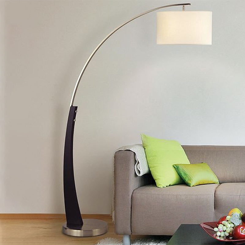 Modernist Overarching Floor Light Metal Single Living Room Floor Lamp with Drum White Fabric Shade in Black