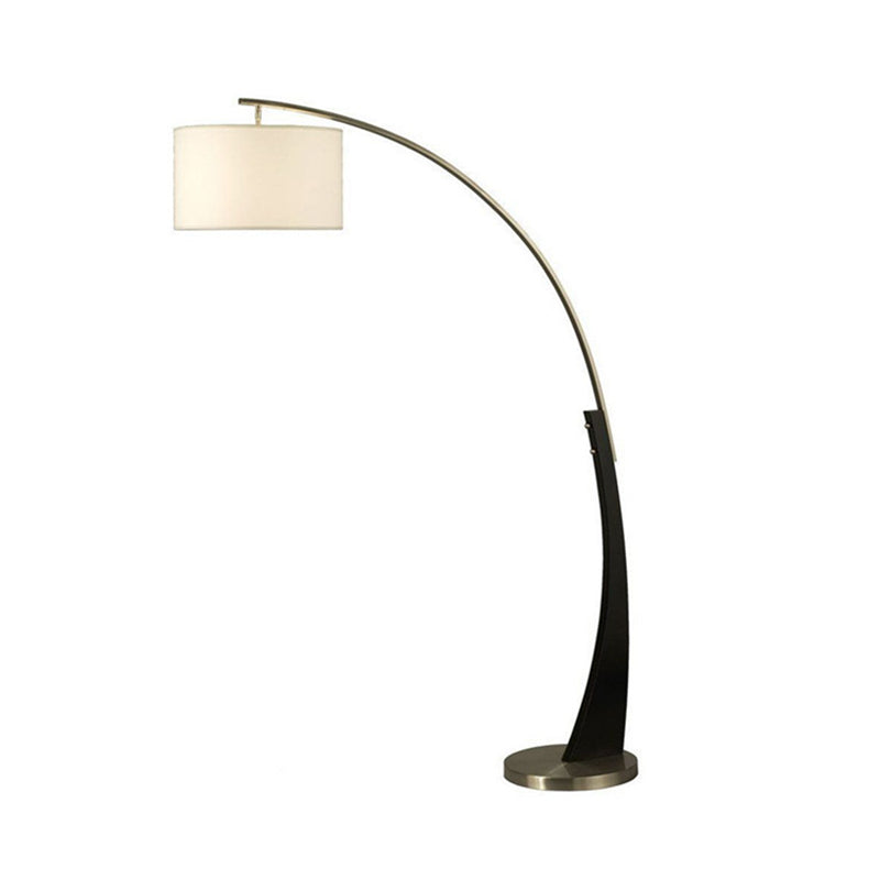 Modernist Overarching Floor Light Metal Single Living Room Floor Lamp with Drum White Fabric Shade in Black