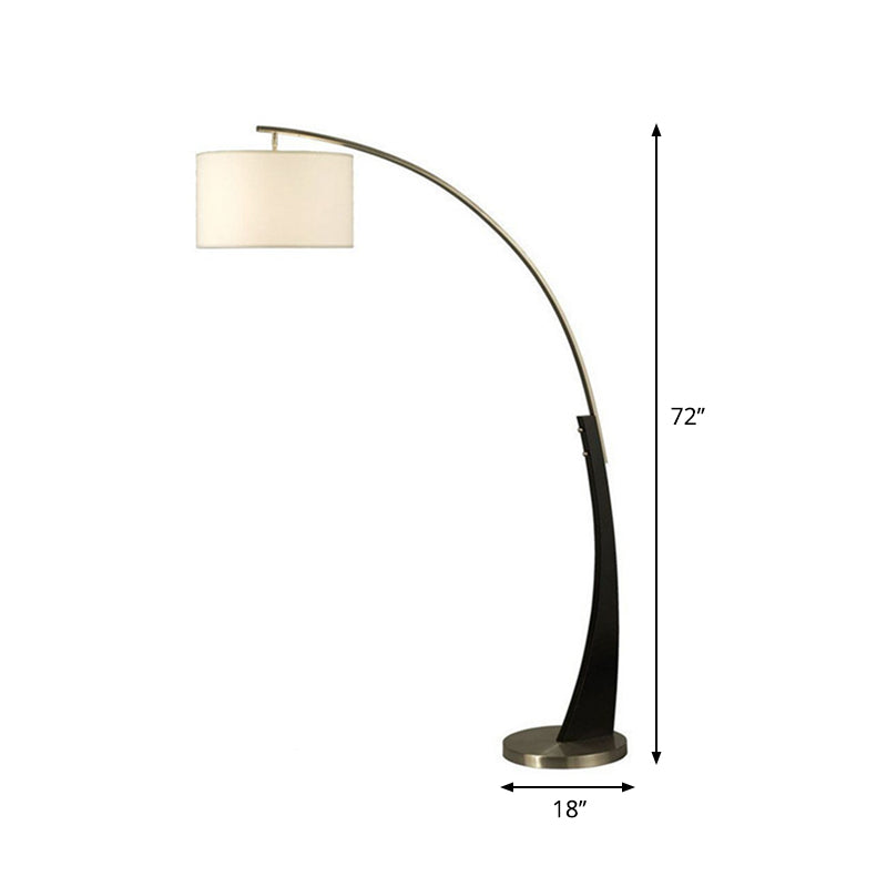 Modernist Overarching Floor Light Metal Single Living Room Floor Lamp with Drum White Fabric Shade in Black