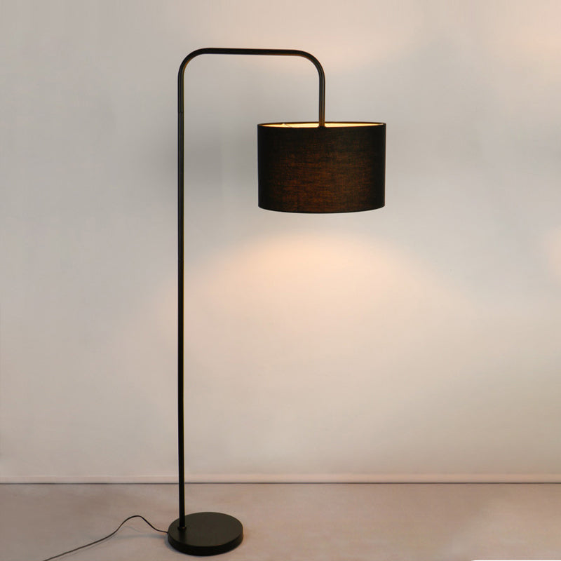 Black Drum Shade Reading Floor Light Simplicity Single Fabric Floor Lamp with Right Angle Arm