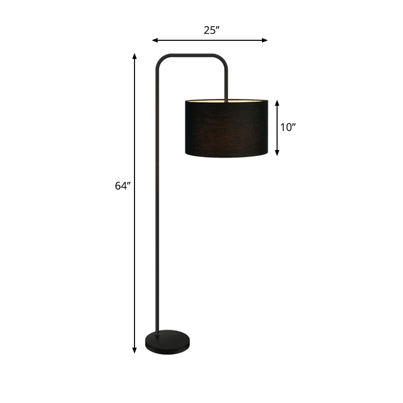 Black Drum Shade Reading Floor Light Simplicity Single Fabric Floor Lamp with Right Angle Arm