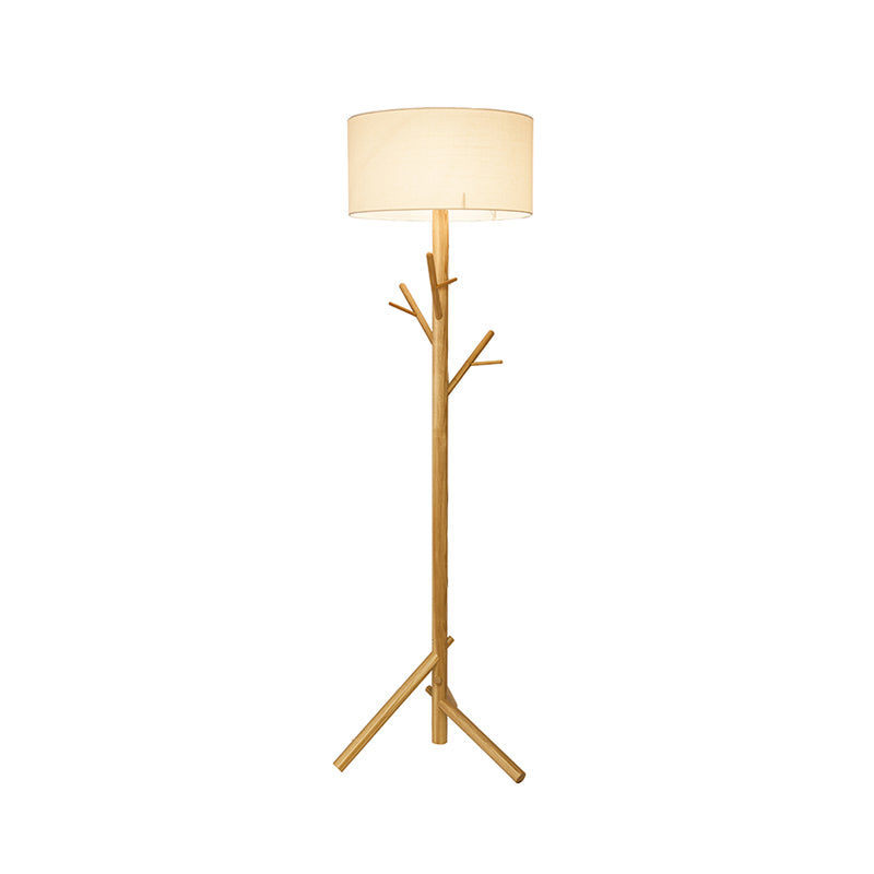 Drum White Fabric Floor Standing Light Contemporary 1-Bulb Wood Tree Stand Up Lamp