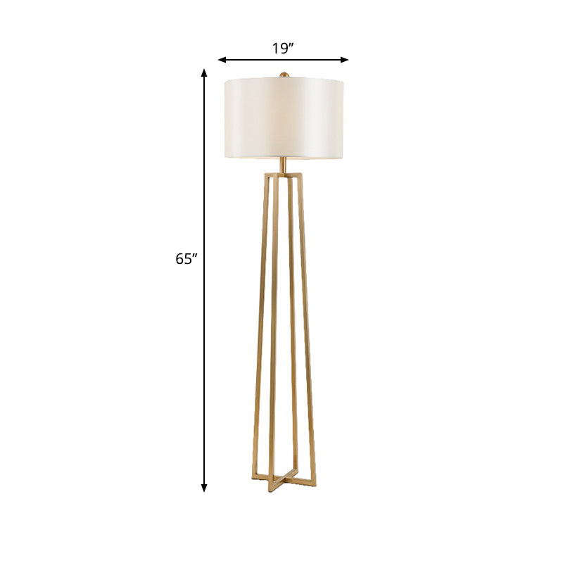 White Fabric Drum Shade Floor Light Modernist 1-Head Quadruped Floor Standing Lamp in Gold