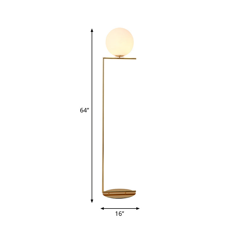 Lámpara esférica de la lámpara de vidrio esmerilado moderno 1 Luminación de piso de acabado de oro claro con brazo de ángulo recto