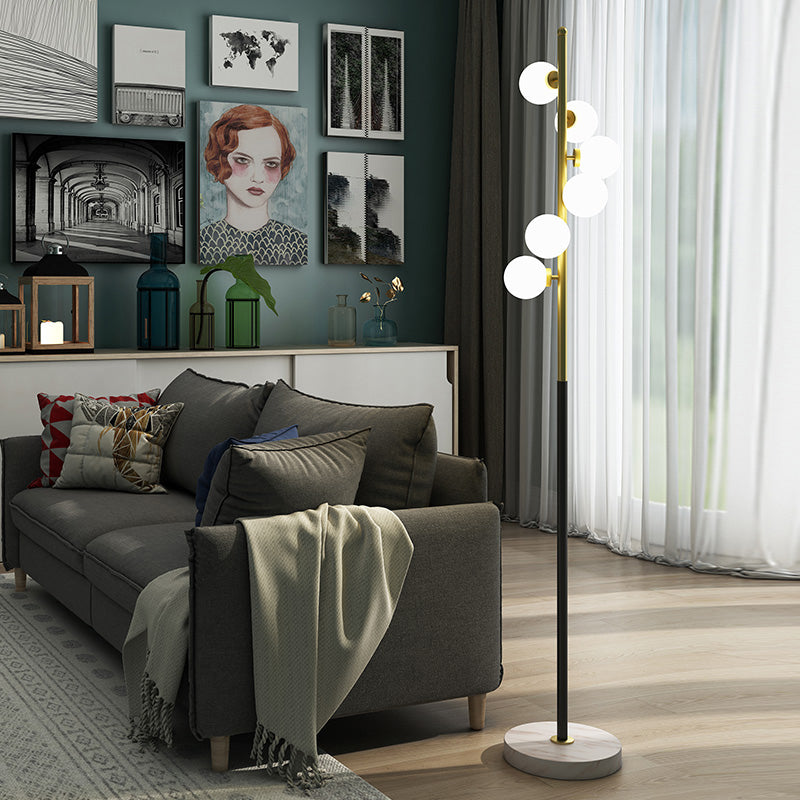 Opal Glass Ball Standing Floor Light avec design en spirale moderniste de 6 têtes Gold-Black Stand Up Lampe