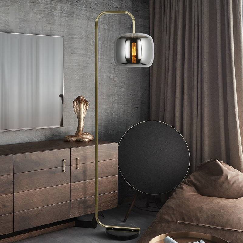 Smoke Gray Glass Drum Stand Up Light Modern 1 Bulb Gold Standing Floor Lamp for Bedroom