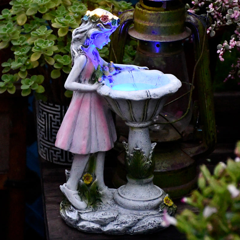 Pink Fairy Girl Solar Garden Light Modern Resin LED Ground Lamp with Font Shade for Yard