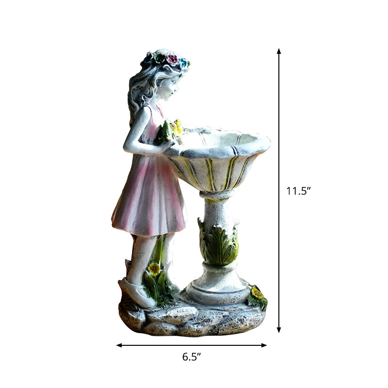 Pink Fairy Girl Solar Garden Light Modern Resin LED Ground Lamp with Font Shade for Yard