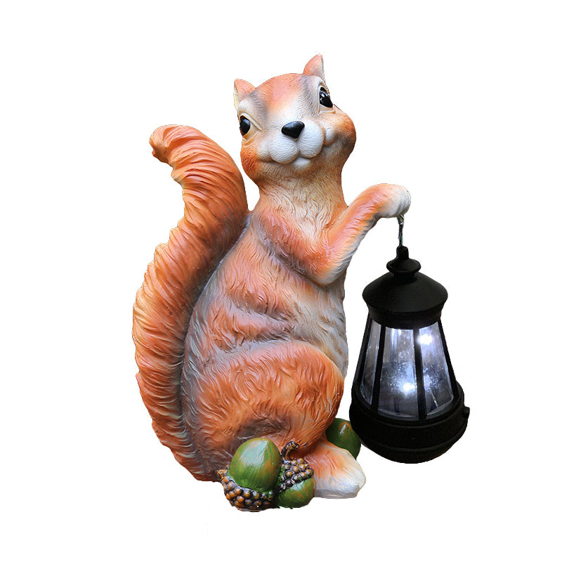 Squirrel Carrying Cone Lantern Path Light Cartoon Resin Orange/Grey Solar LED Ground Lamp for Garden